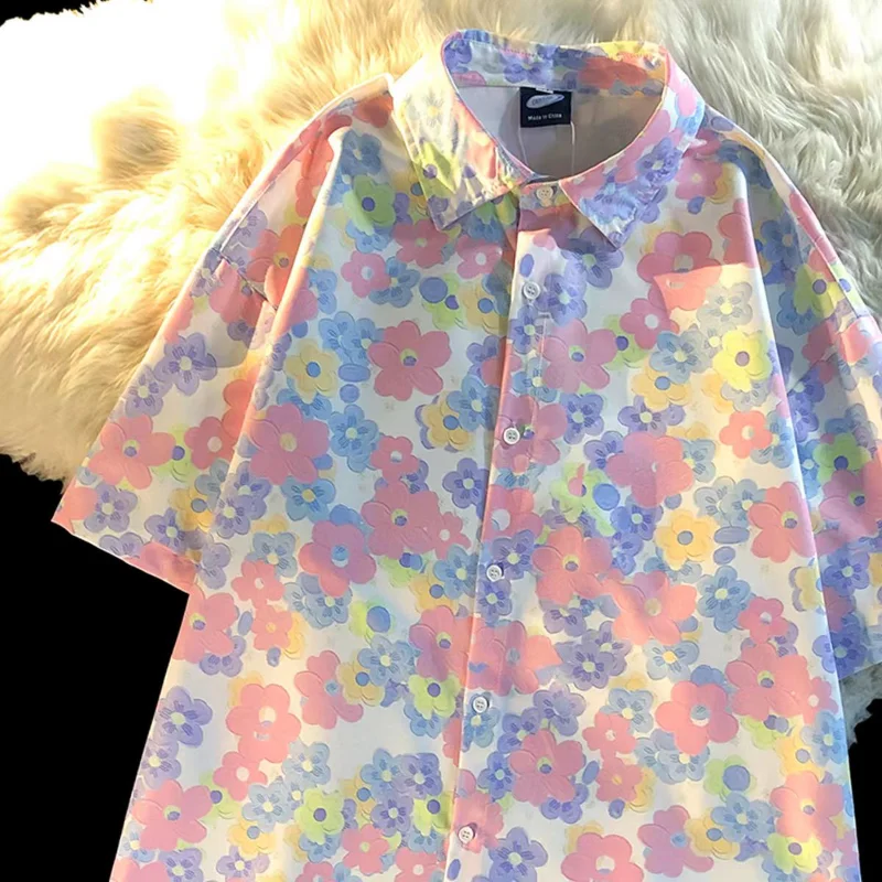 

Hawaiian Beach Floral Full Print Button Up Shirts Women Casual Short Sleeve Shirt Men Blouse New Summer Korean Women Shirt 2023