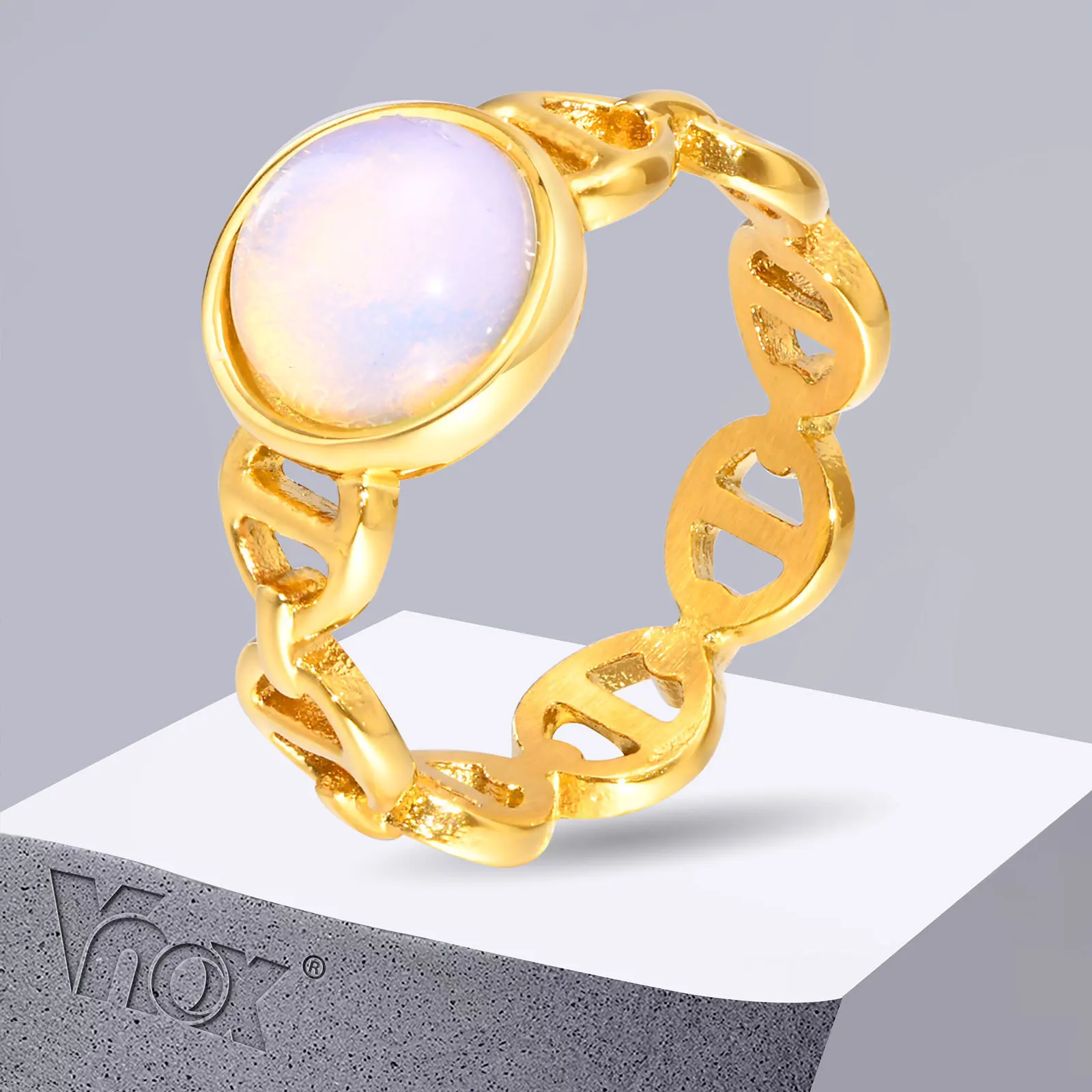 

Vnox Elegant Natural Stone Rings for Women, Gold Color Stainless Steel Mariner Chain Bands Ring Gift Jewelry