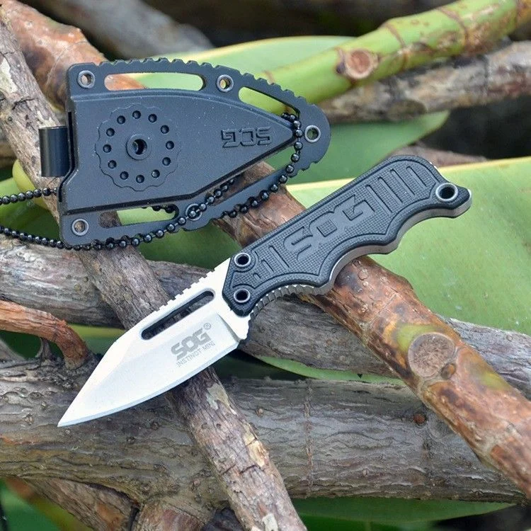 

OEM SOG Pocket EDC Small Fixed Blade Knife - Instinct Mini Neck Knife Satin Plain Blade, G10 Handles with ABS Plastic Sheath