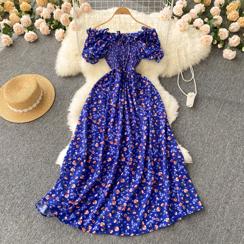 

Women Chiffon Dress Fashion French Style Retro Slash Neck Puff Sleeve Floral Print Dresses High Waist Drawstring Big Swing Frock