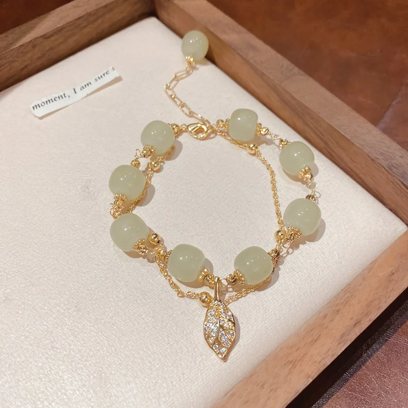 

Real Gold Electroplated Zircon Leaves Jade Beads Bracelet Women
