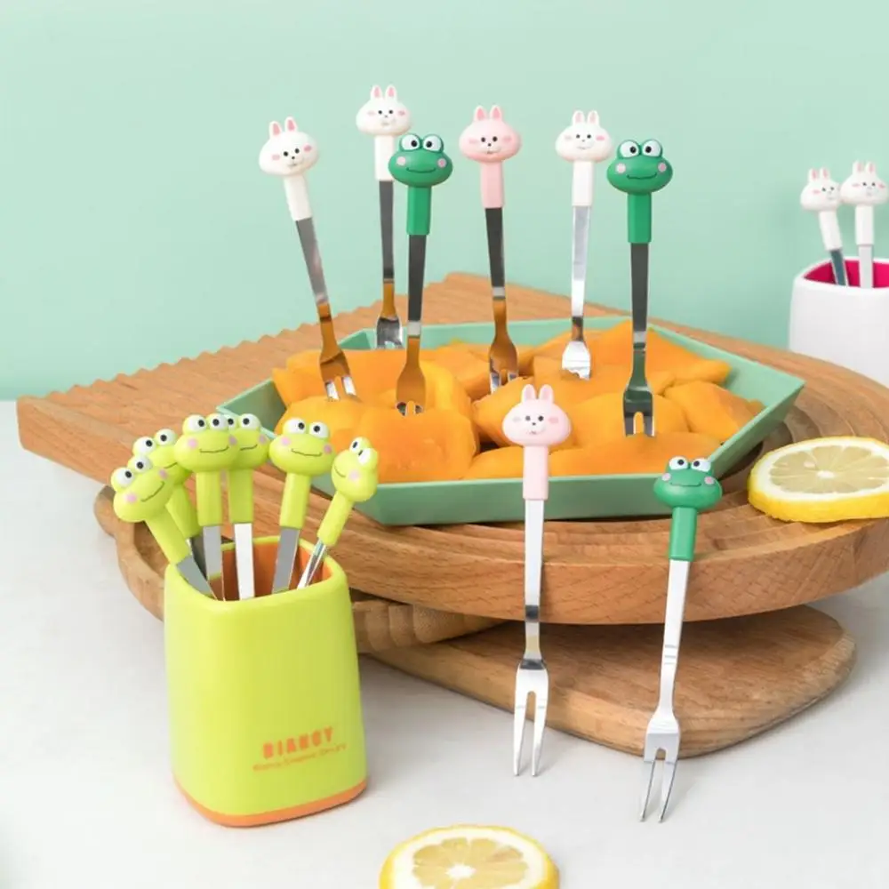 

Mini With Storage Box Stainless Steel Bunny, Frog Patterm Flatware Tableware Kitchen Supplies Fruit Fork Fruit Toothpick