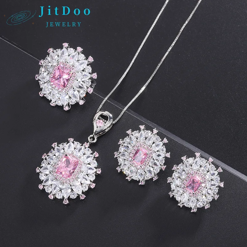 

JitDoo New Pink Gemstone Necklace Pendant Rings Stud Earring for Women Luxury Wedding Party Fine Jewelry Sets Girl Birthday Gift
