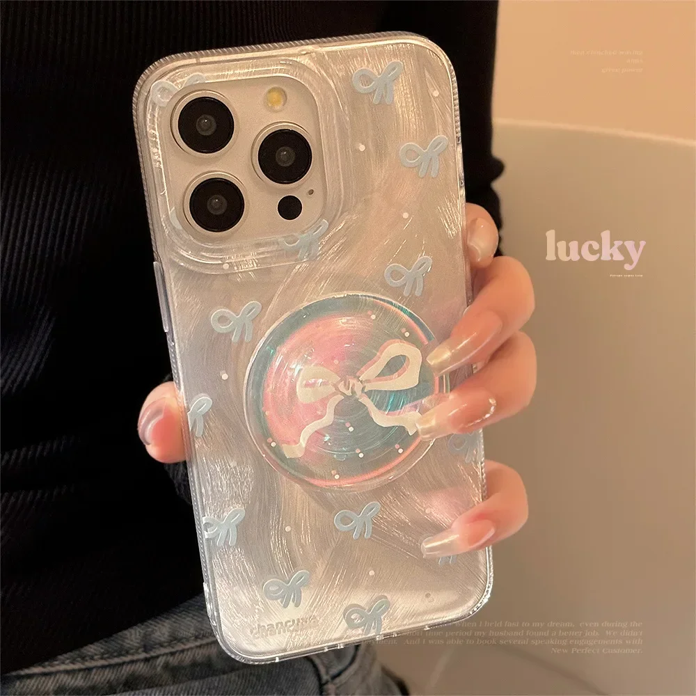 Чехол для телефона Ins Water Ripple Laser Blue Bow с держателем IPhone 16 15 14 12 13 11 Pro ProMax Plus X XR