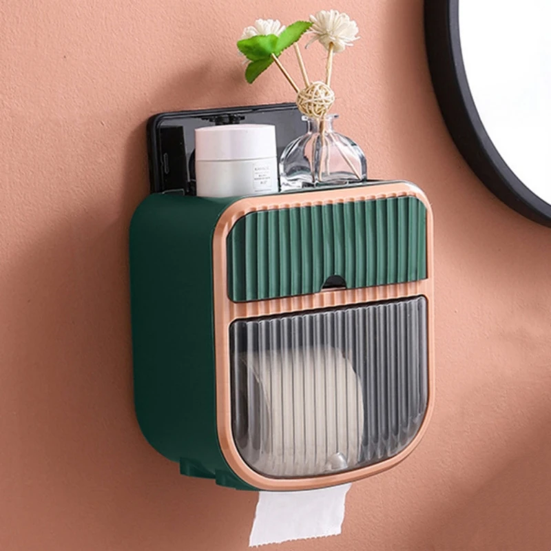 

2 Layers Transparent Wall-mounted Toilet Paper Holder Detachable Roll Paper Holder Top Organizer Waterproof Bathroom Storage