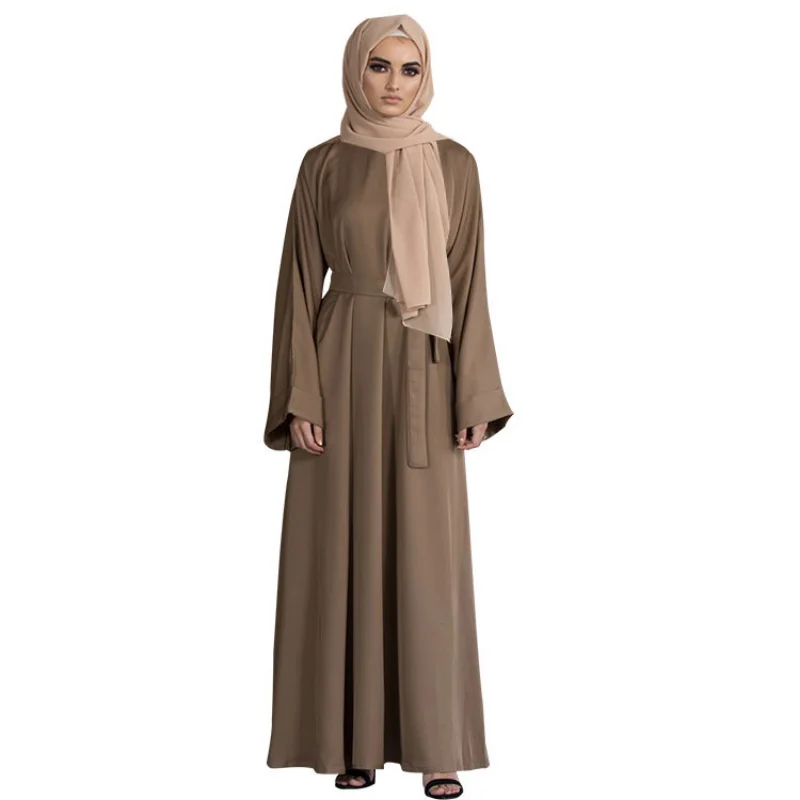 2023 New Arrival Spring Summer Muslim Women Long Sleeve O-neck Polyester Solid Color Long Abaya Muslim Fashion Dress No Headtie