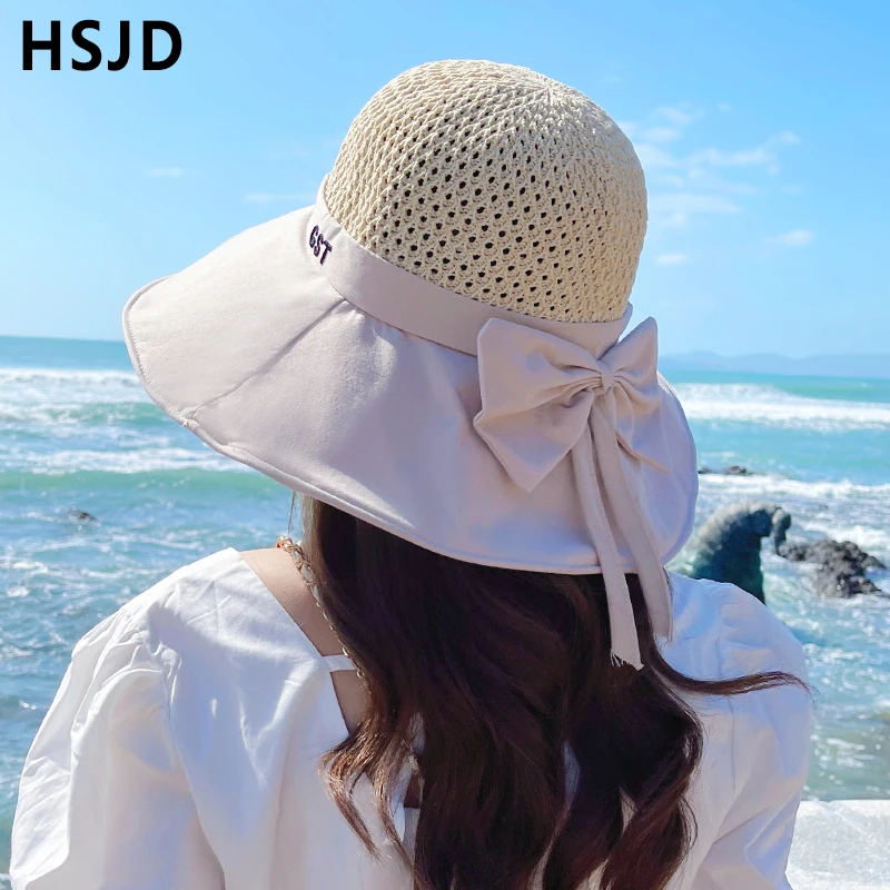 Шляпа от солнца с бантом и широкими полями женская складная пляжная Панама
