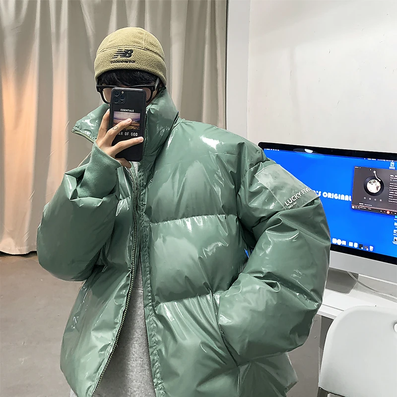 2021 Men Streetwear Hip Hop Blue Winter Bubble Jackets Coat Mens Harajuku Warm Parka Male Korean Fashions Puffer Jacket Shiny