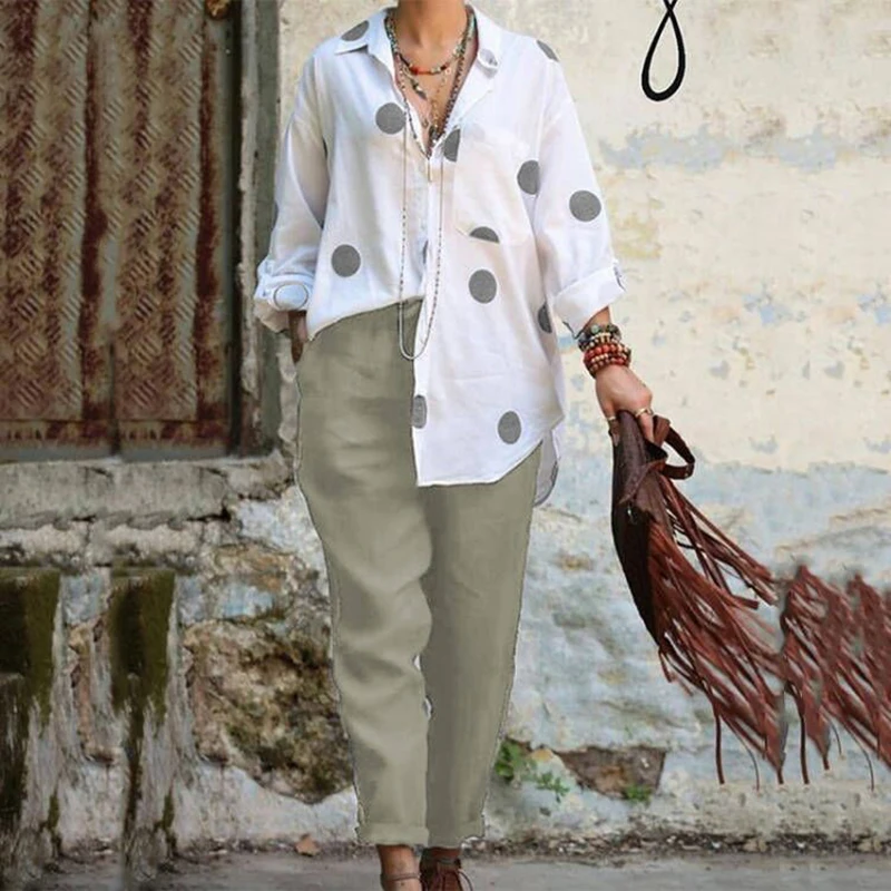 

Lapel Button Shirt + Pencil Pants Casual Suit New Autumn Lightweight Outfits Fashion Long Sleeve Polka Dot Print Two-piece Sets