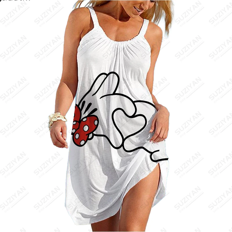 

2023 Fashion New Stitch Printed Beach Skirt Cute Temperament Sexy Summer Disney Beach Skirt Casual Loose Round Neck Strap Skirt