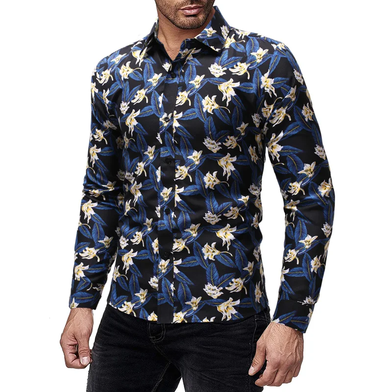 

Mens Fashion Leaves Printed Dress Shirts Spring Autumn Beach Long Sleeve Men's Clothing Casual Breathable Slim Fit Shirts Hombre