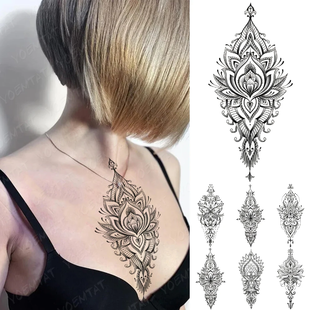 

Lotus Henna Waterproof Temporary Tattoo Sticker Women Men Black Chest Arm Mandala Mehndi Flash Tatto Women Men Party Fake Tatoo