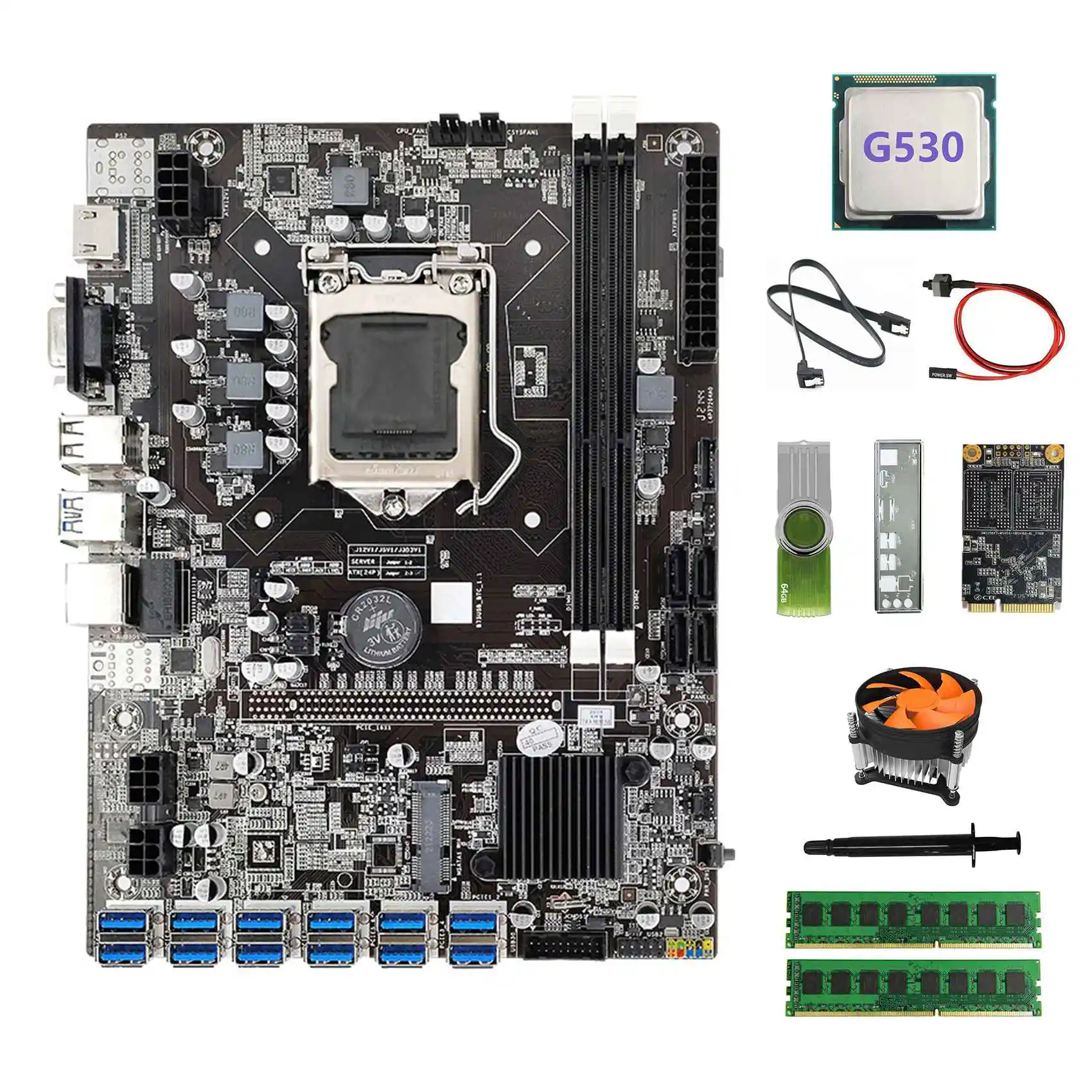 

B75 ETH Miner Motherboard 12USB+G530 CPU+2XDDR4 4G RAM+128G SSD+64G USB Driver+Fan+SATA Cable+Switch Cable for BTC