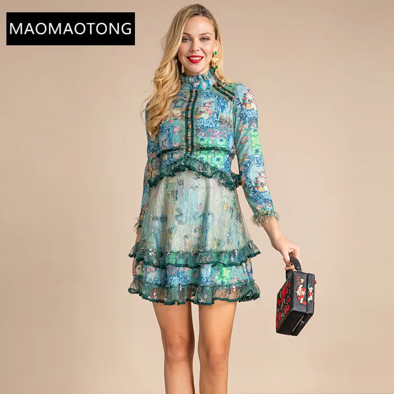 

Spring Runway Fashion Mini Dress Women's Stand collar Printed Vintage Ruffles Elegant Party Short Dress Vestidos