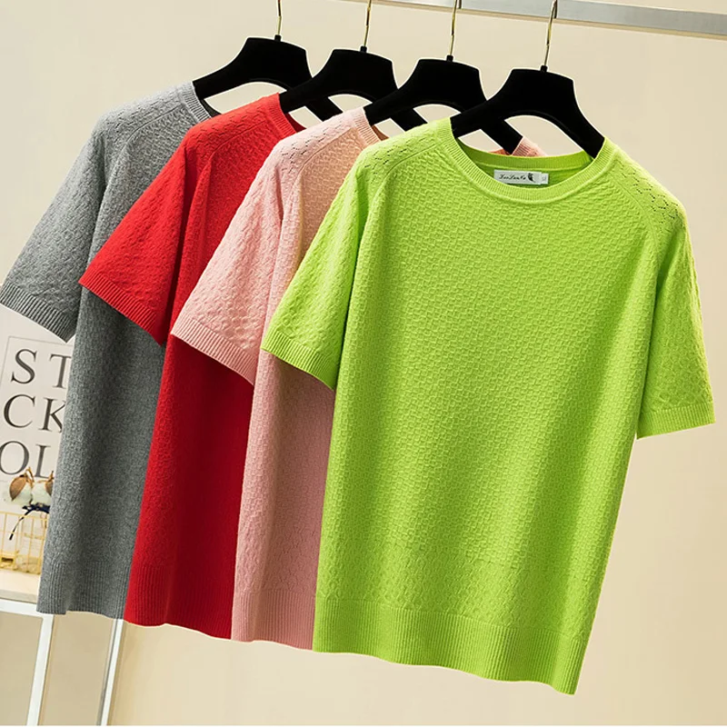 

Женский трикотажный свитер с круглым вырезом, с коротким рукавом