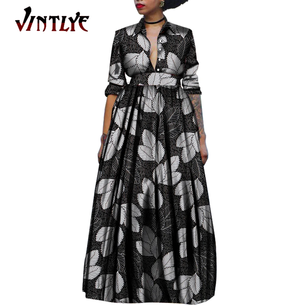 Fashion Robe Africaine Femme Floral Print Turn Down Collar Shirt Dresses African Women Loose Pleated Dress Large Size WY1097