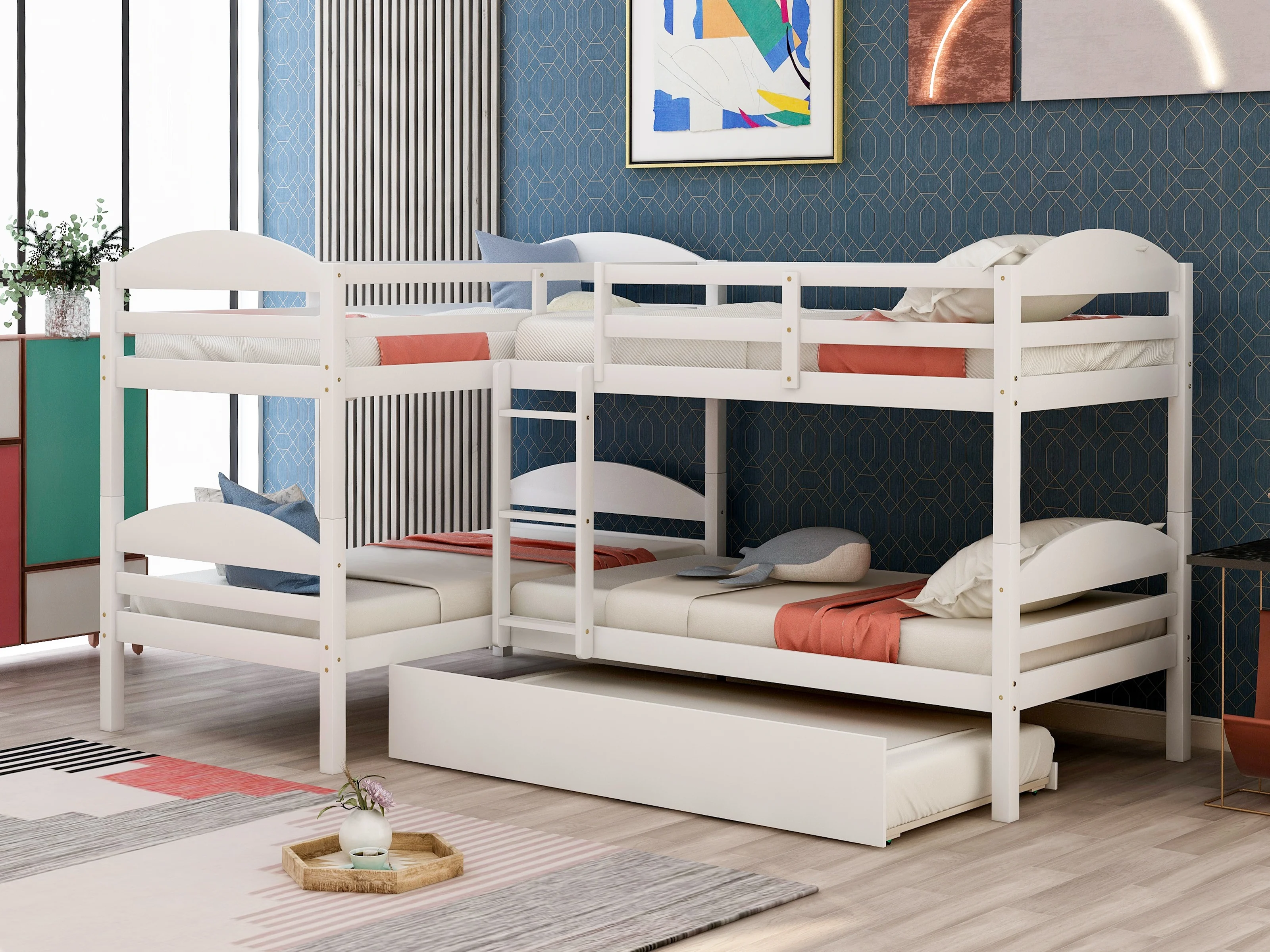 

119"L x 80"W Home Modern And Minimalist Wooden Bedroom Furniture Beds Frames Bases Twin L- Shaped Bunk Bed With Trundle White