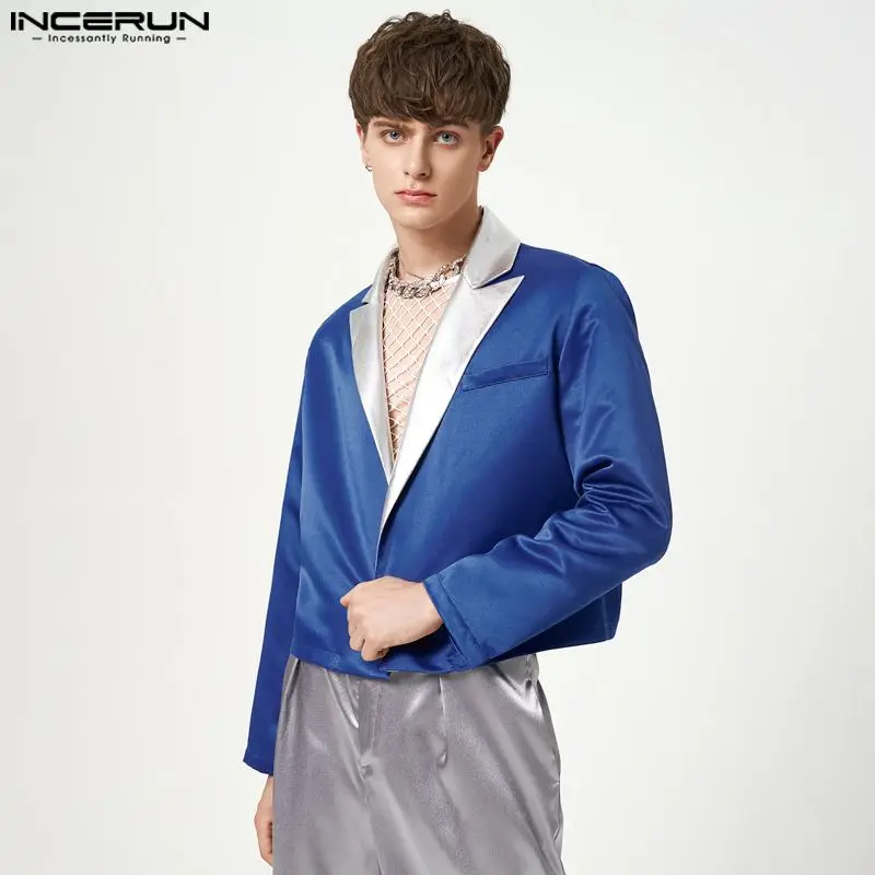

Fashion Party Shows Style Tops INCERUN Men's Hot Sale Contrast Collar Blazer Casual All-match Short Long-sleeved Suit Coat S-5XL