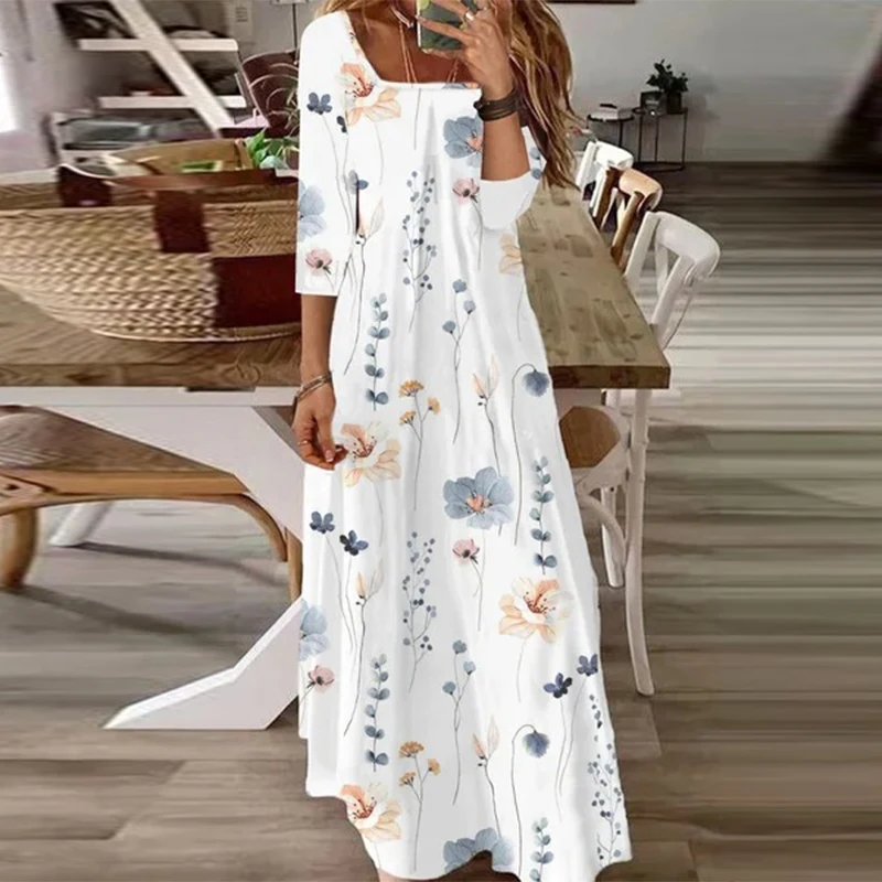 

New Fall Fashion Flower Print Robe Dress for Women Casual Holiday Dress Elegant Lady Square Neck 3/4 Sleeve Straight Long Dress