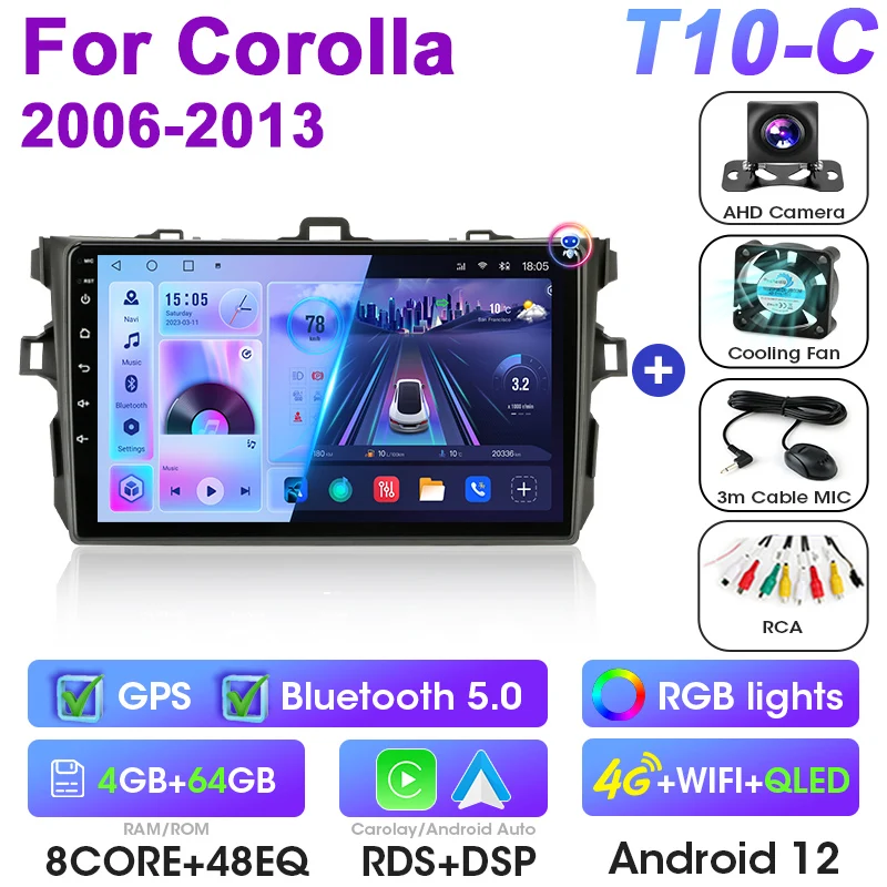 

2 Din Android 12 автомобильный радиоприемник, мультимедийный видеоплеер для Toyota Corolla E140 150 2006-2013, навигация GPS 4G Carplay, стерео QLED