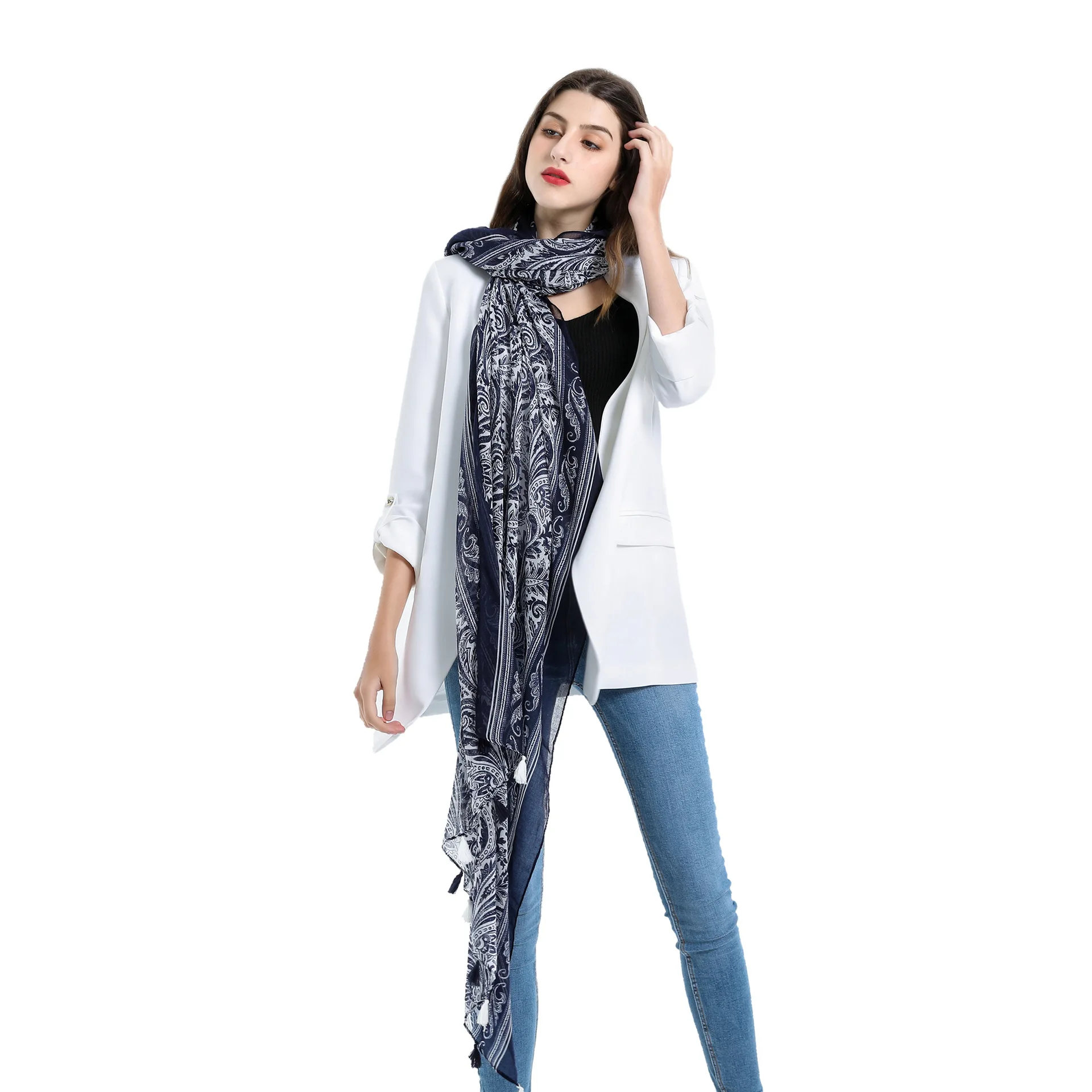 

Retro Classic Euro-American Style Solid Color Cashew Flower Tassel Cotton Hemp Sunscreen Shawl Scarf