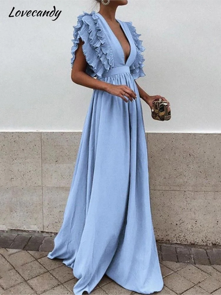 

Сексуальное платье с глубоким V-образным вырезом и высокой талией, с оборками и коротким рукавом, однотонные длинные женские вечерние платья, летнее элегантное облегающее Клубное платье