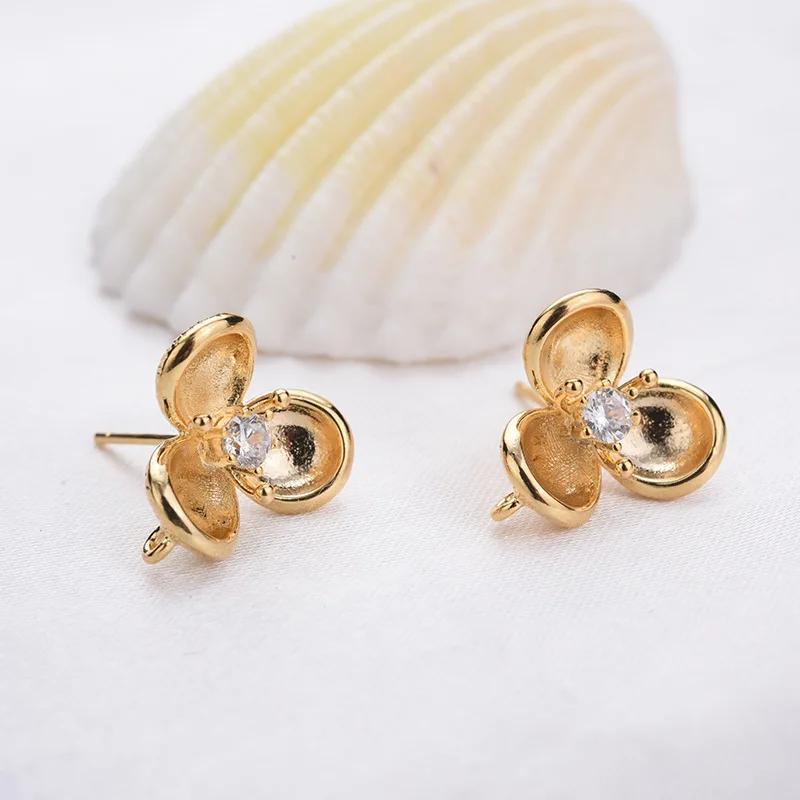 

Color Retention Real Gold Plated Copper New Zircon Flower With Ring Stud Earrings DIY Jewelry Making Findings Accessories