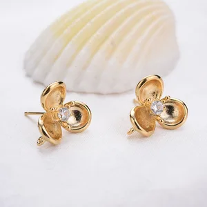 Color Retention Real Gold Plated Copper New Zircon Flower With Ring Stud Earrings DIY Jewelry Making Findings Accessories