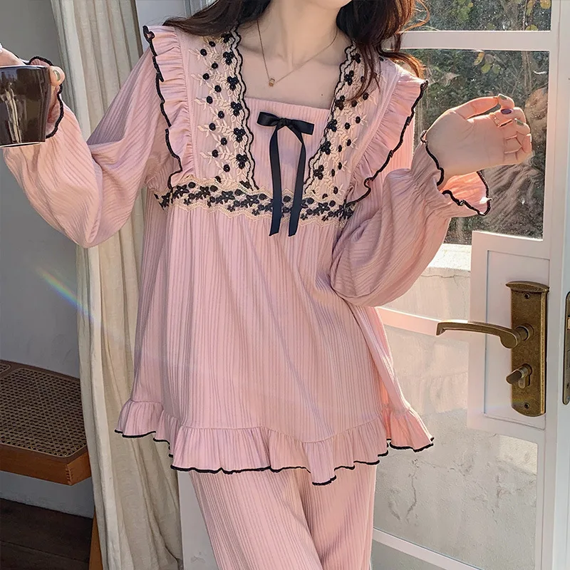 Yasuk Spring Autuum Fashion Women's Casual Sleepwear Homewear Sexy Lovely Sweet Pink Black Pajamas With Pants Soft Lace Bow