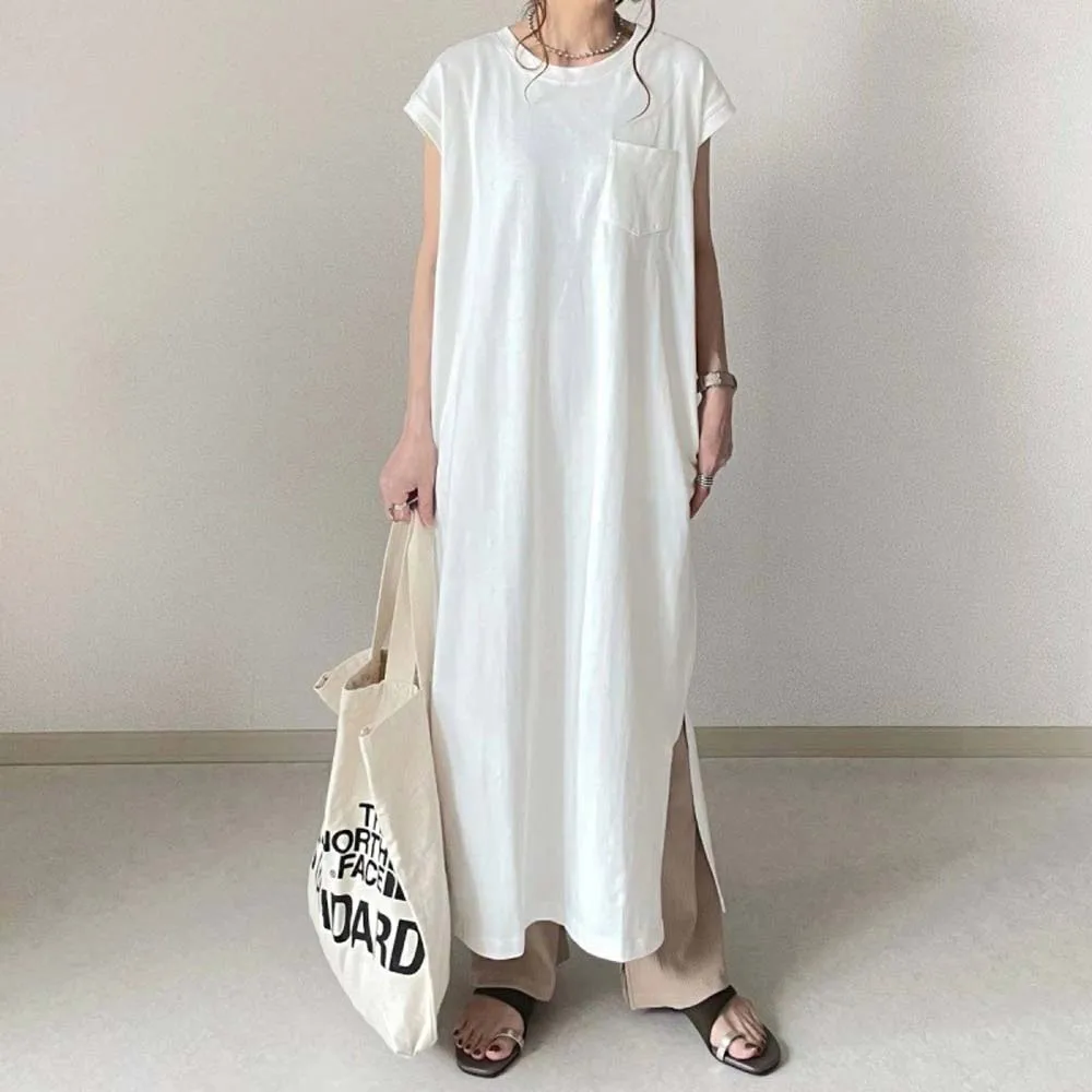 

Women's Dress Casual Ins Summer Round Neck Chest Patch Pocket Slit Slim Slim Dress With Dolman Sleeves Korea Japan Style Elegant