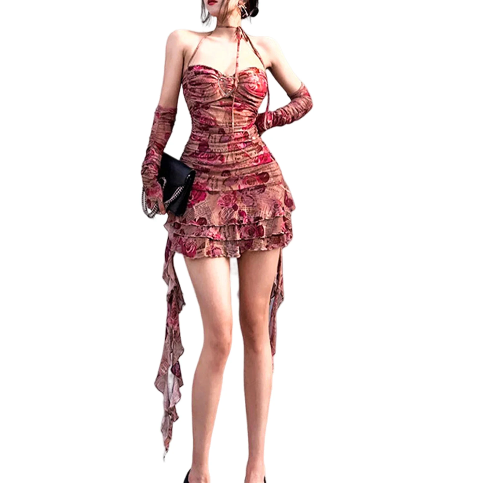 

Floral Printed Elegant Mini Dress Sweetheart Neck Women Sexy Short Dress Slim Fit Vintage Hollow Out Night Club Suit