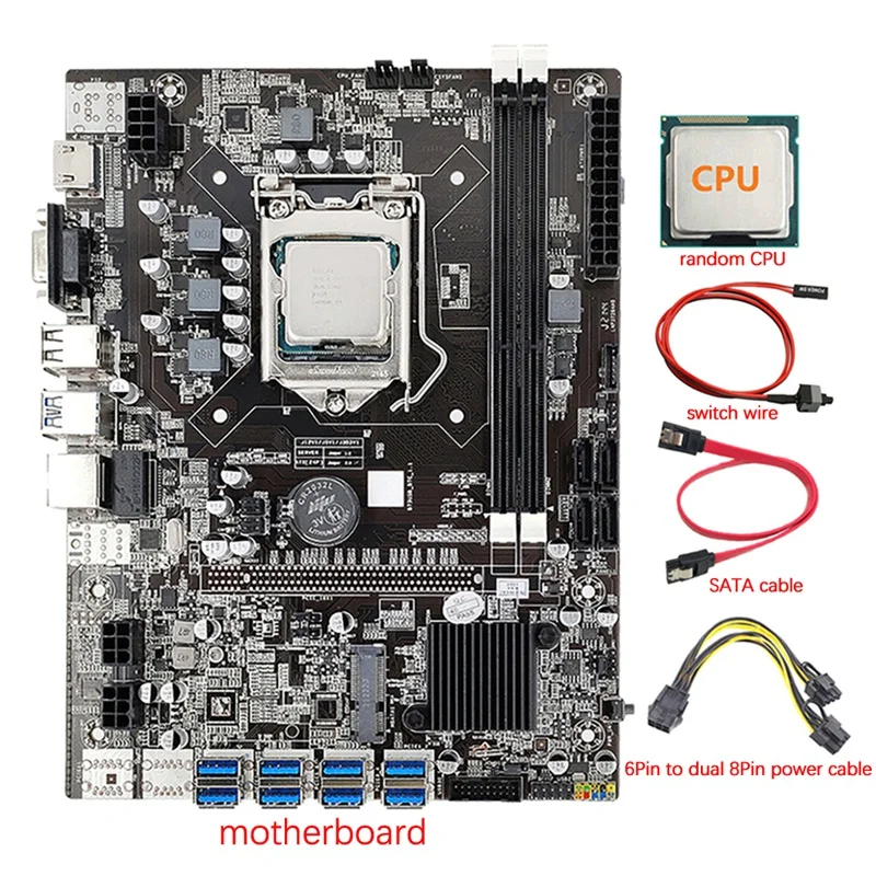 8 GPU B75 BTC Mining Motherboard+CPU+Power Cable+SATA Cable+Switch Cable 8X USB3.0 To PCIE Slot LGA1155 DDR3 RAM SATA3.0
