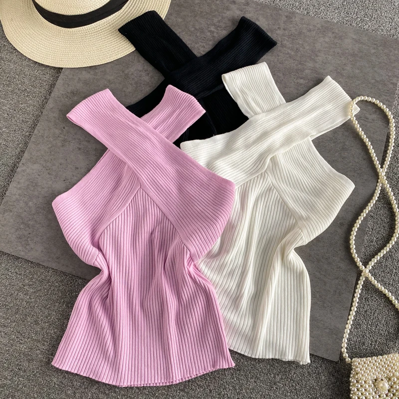 

Cross Halter Knit Short Sleeveless Vest Reversible Top Tank Camis for Girl