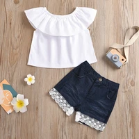 baby girls outfit set summer childrens shoulder lotus collar coat lace denim shorts childrens suits toddler girl clothes