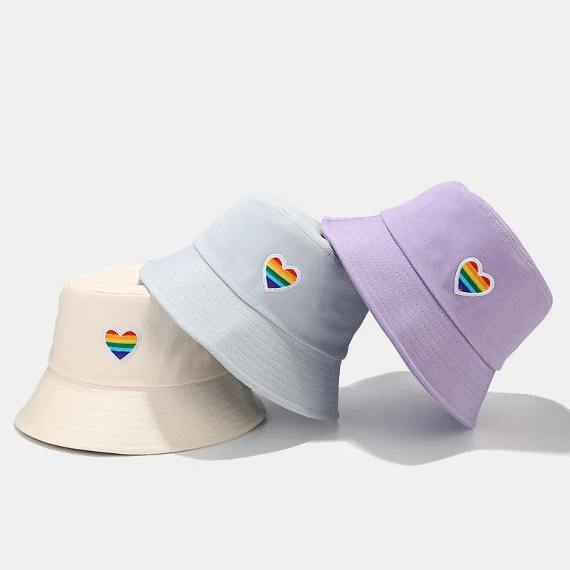 

Fashion Cotton Sun Hat New Candy Colors Rainbow Bucket Cap Foldable Embroidery Heart Basin Hats Outdoor Sports Travel Beach Caps