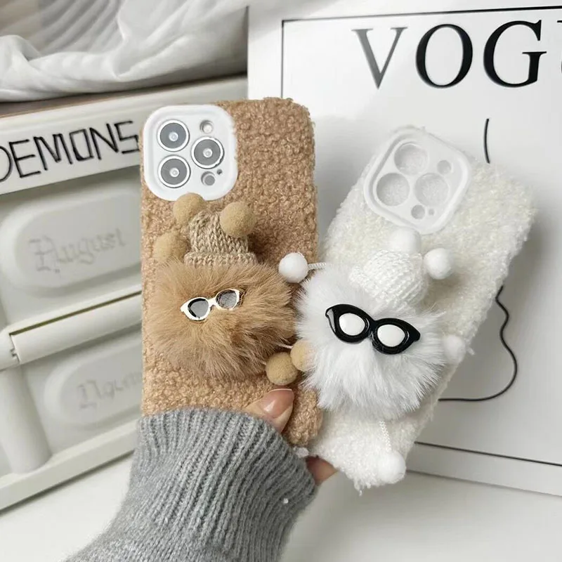 

Ctue Cartoon Plush Glasses Hairball Mobile Phone Case For IPhone14 11 12 13 Pro Max Plus XS X XR Winter Autumn