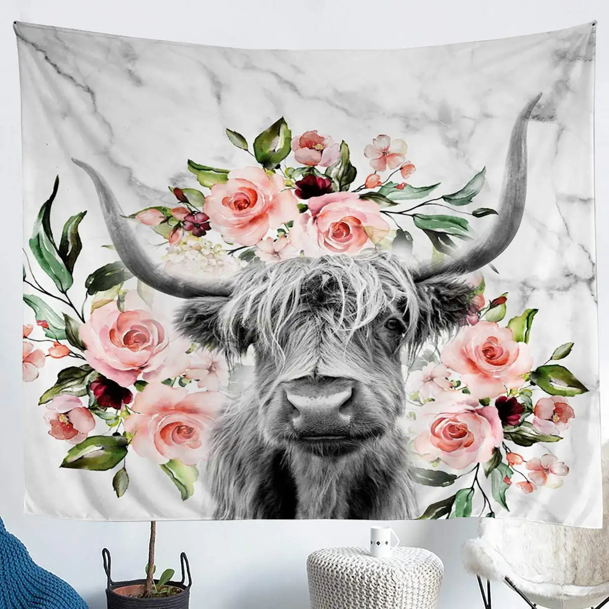 

Highland Cow Flower Tapestry Farmhouse Bull Cattle Wall Hanging Room Decor Western Funny Animal Wall Blanket Marble Tapestries