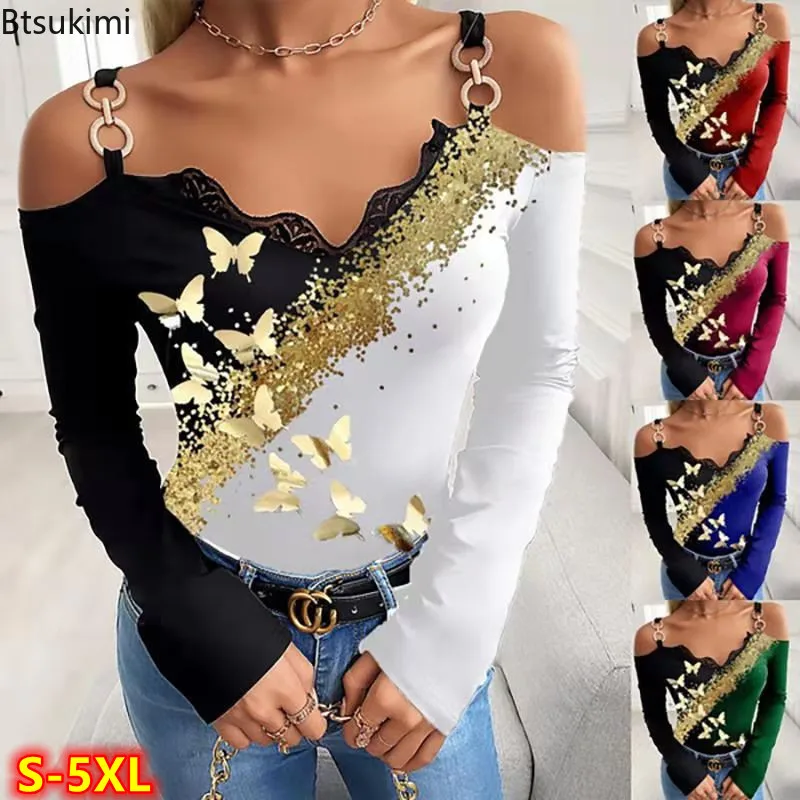 

New Plus Size 4XL 5XL Women's T Shirts with Bronzing Butterfly Print Off Shoulder Top Ladies Clothes V Neck Long Sleeve T-Shirt