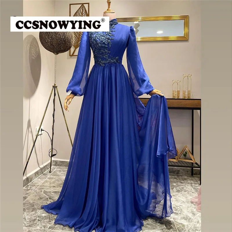 

Royal Blue Long Sleeve Muslim Evening Dress Arabic Dubai High Neck Prom Formal Party Gown Chiffon Appliques Moroccan Caftan
