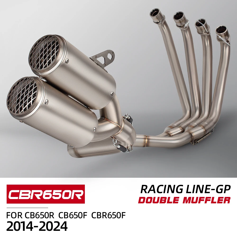 Фото Для Honda CBR650R CB650F CB650R CBR650F 2014-2024 надеваемая выхлопная система мотоцикла, модифицированная передняя соединительная труба, глушитель с двойным выходом №2