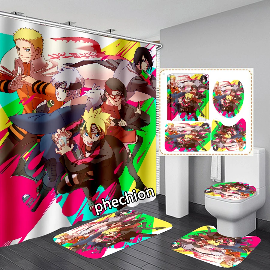 

phechion Anime Cartoon Character 3D Print Waterproof Bathroom Shower Curtain Toilet Cover Mat Non-Slip Floor Mat (1/3/4Pcs) W54
