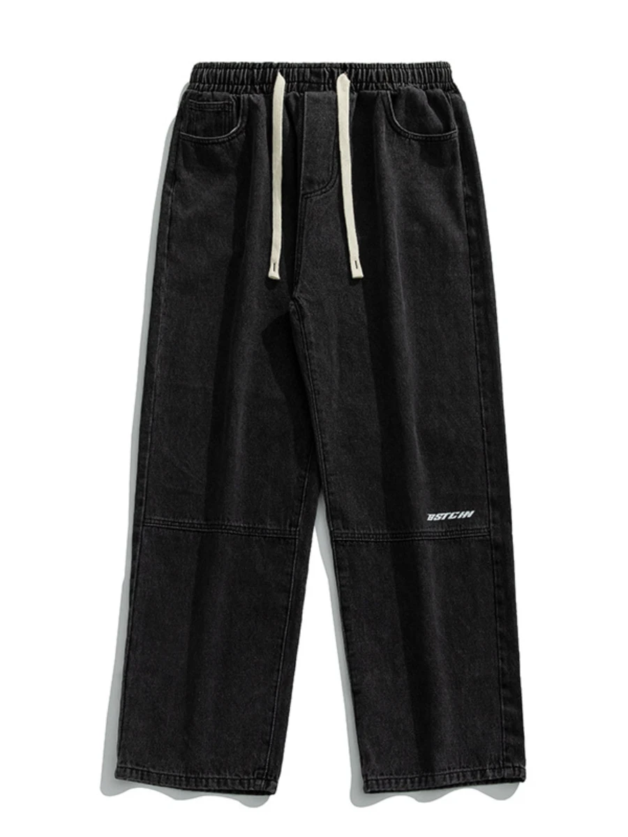 Oversized Jeans Cotton Men's Straight Leg Slacks Men's New Style Spliced Rubber Waistband Washed Vintage Long Pants