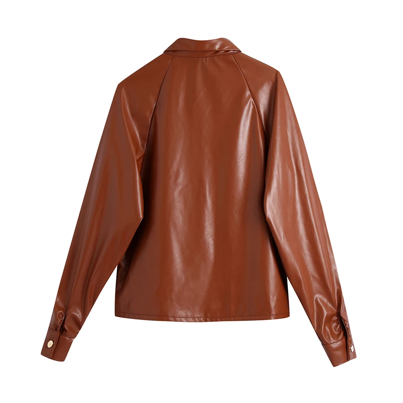 KEYANKETIAN Women's Faux leather shirt coat New red and brown POLO PU leather coat with rotator cuff for autumn and winter