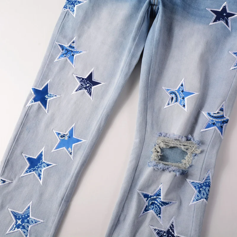 Fashion Streetwear Men Jeans Retro Light Blue Elastic Slim Fit Ripped Jeans Men Stars Patch Designer Hip Hop Brand Pants Hombre