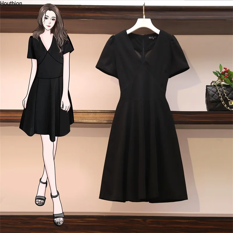 

Movafag New Women's Dress V-neck Solid Color Splicing Sexy Korean Draw Back Short Sleeve Fashion A-LINE Female Clothing