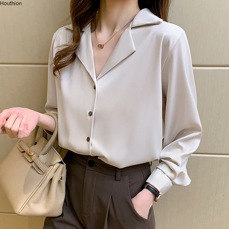 

Summer New Women's Blouses Suit Collar Shirt Long Sleeve Splicing Solid Chiffon Casual Fashion Loose Female Clothing Houthion