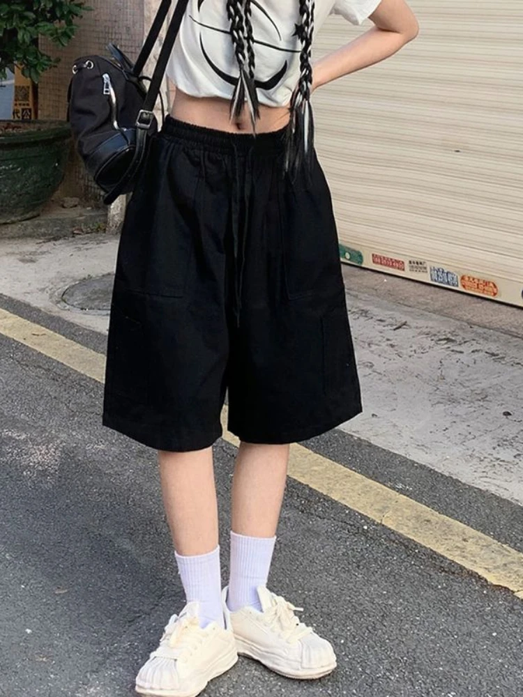 HOUZHOU Harajuku Korean Style Khaki Cargo Shorts Women Kpop Streetwear Hippie Oversized Black Wide Leg Short Pants Knee Length
