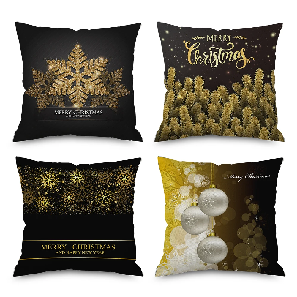 

New Year Merry Christmas Black Gold Snowflake Pillow Case Sofa Cushion Covers Christmas Gift Ornaments Pillowcases