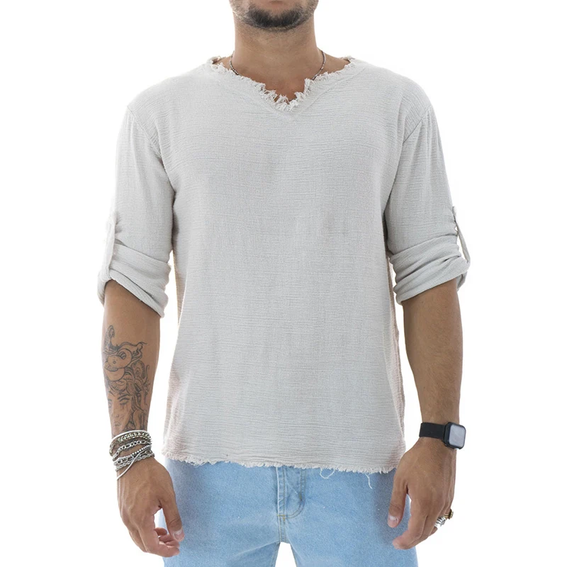 

Casual Long-sleeve O neck Pullover T-shirt Men New Spring Autumn Solid Color T-shirts Fashion Mens Simple Loose Button Tops 2022