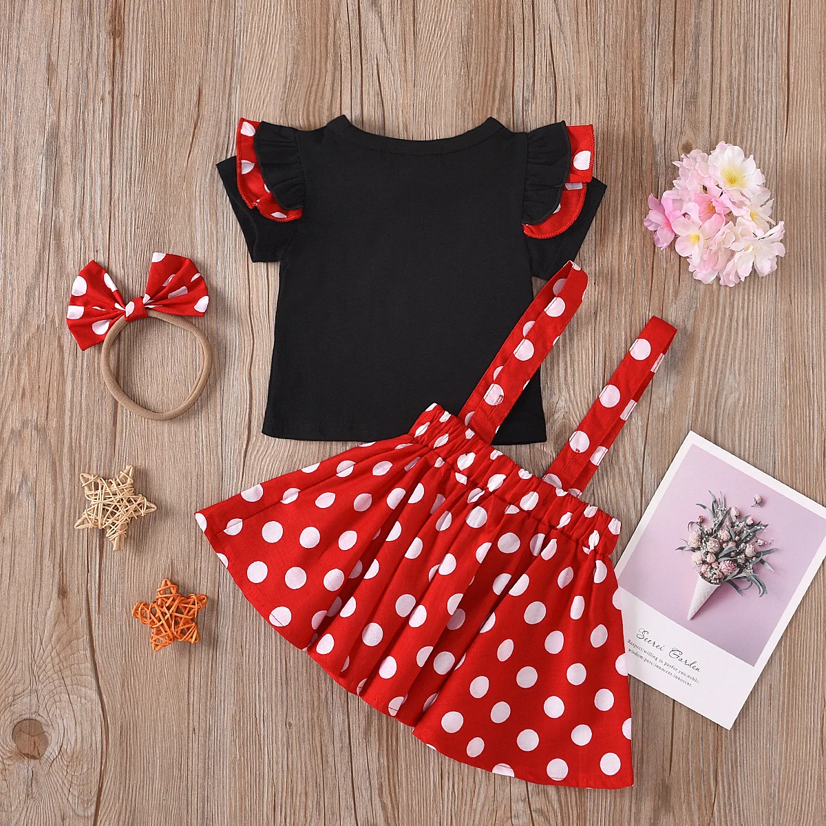 Girl Baby 0-2T Summer Baby Set Cartoon Polka Dot Suspender Skirt Three-piece Girl Suit Kids Clothes